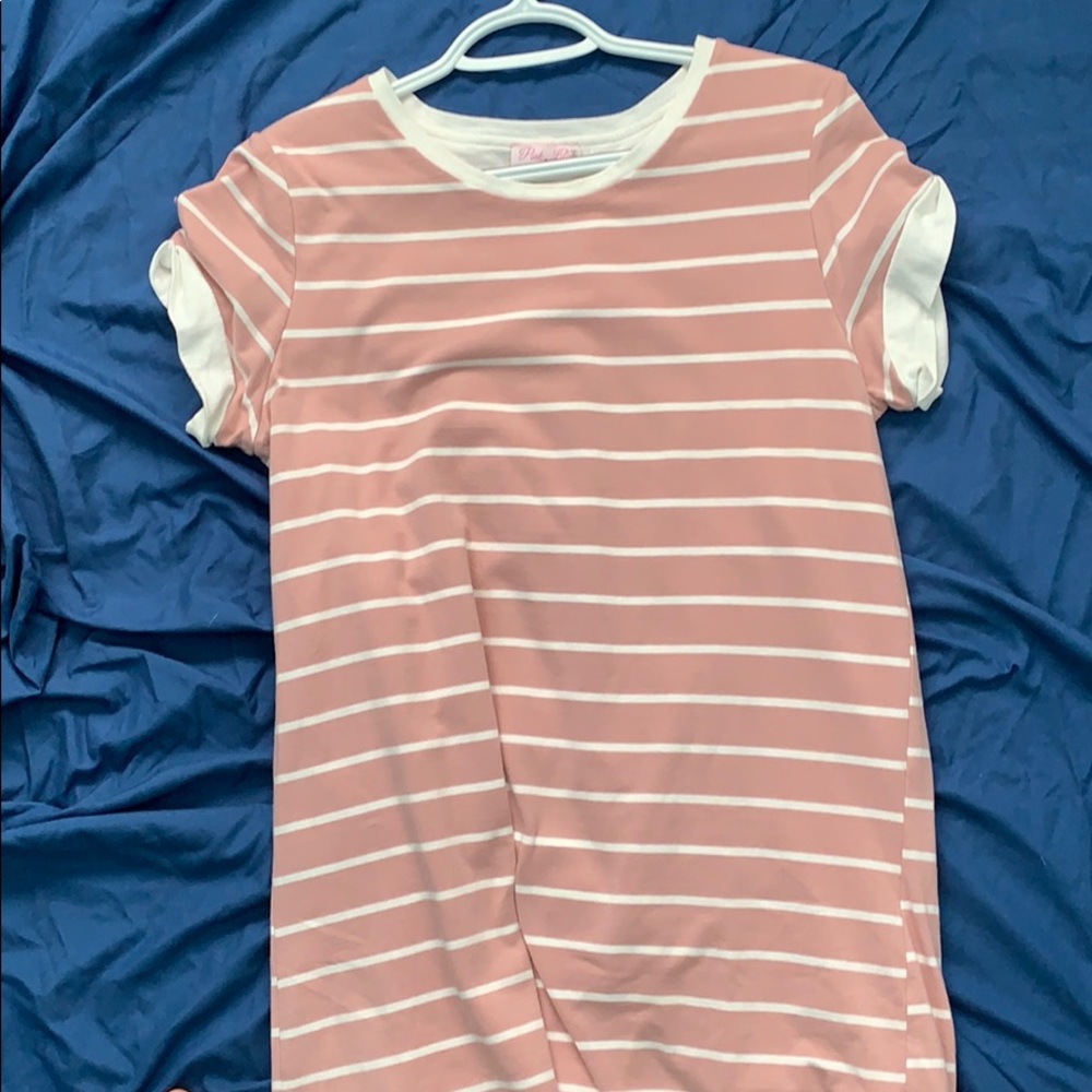 pink lily blush and white striped dress